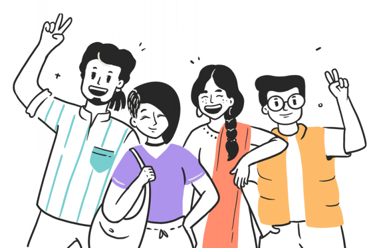 Happy group of people waving